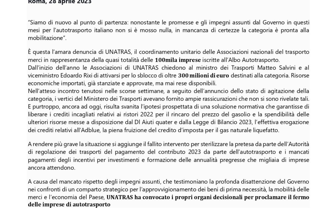 UNATRAS: dal Governo impegni non rispettati categoria pronta alla mobilitazione